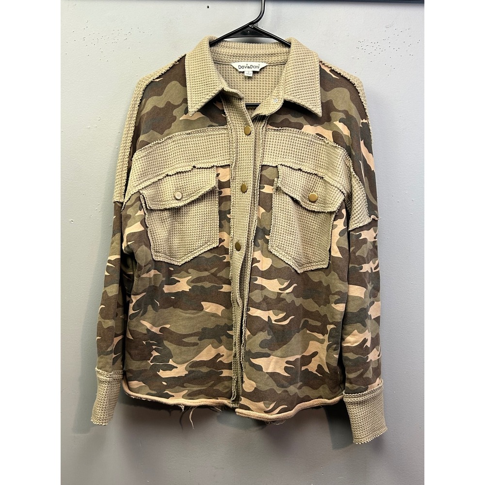Davi & Dani Shacket Womens Small Green Camo Waffle Knit Button Up Jacket